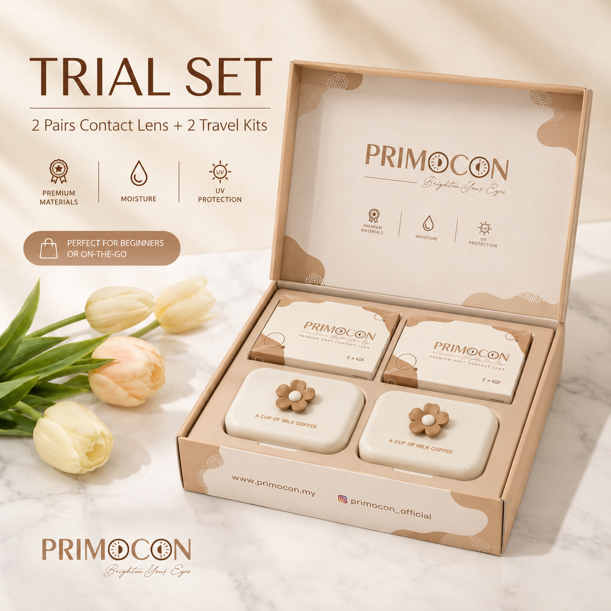 Primocon Trial Set featuring 2 pairs of premium soft contact lenses and 2 flower-design contact lens travel kits in a luxury cream gift box.